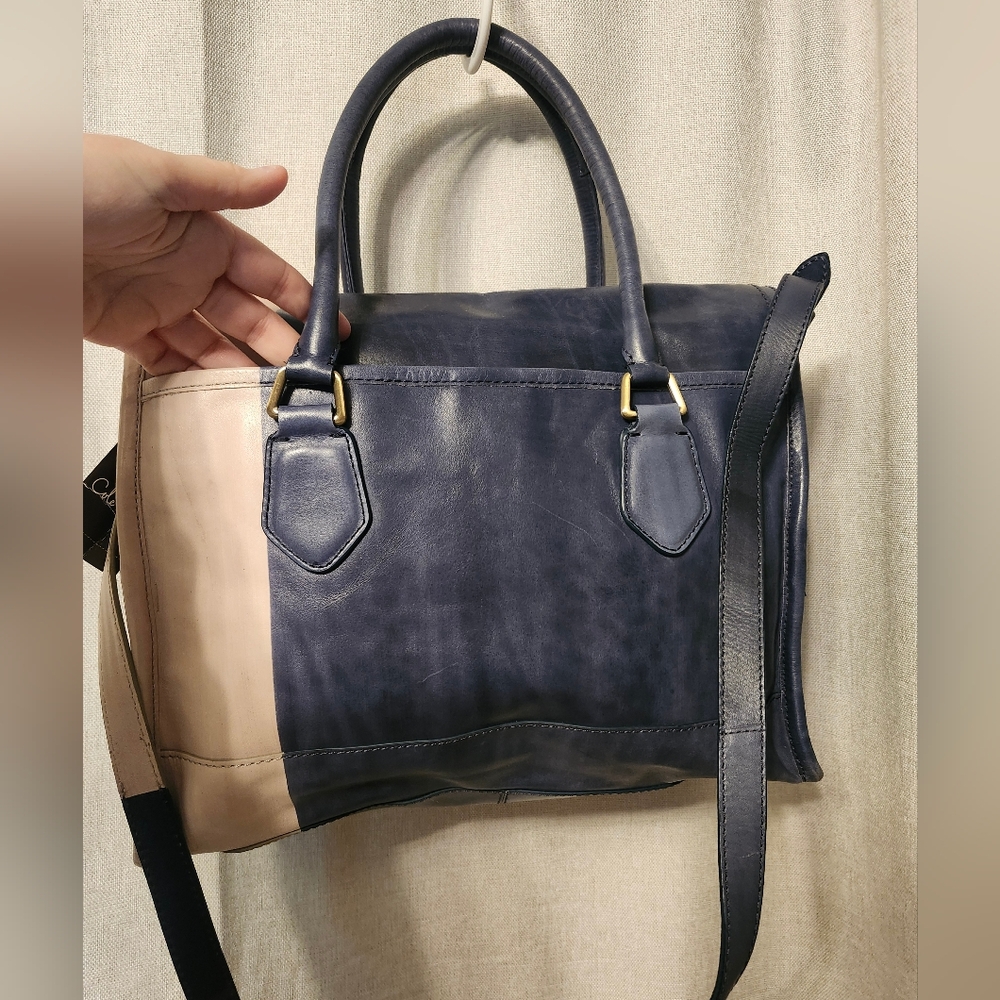Cole Hann Leather Brooke Flap Deconstructed Tote Blue/Smoke NWT Flaw N Pic - Picture 10 of 16